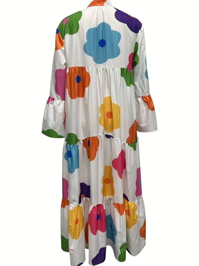 Floral Print Tiered Casual Button Front Long Sleeve Dress B-103329 - Tuzzut.com Qatar Online Shopping