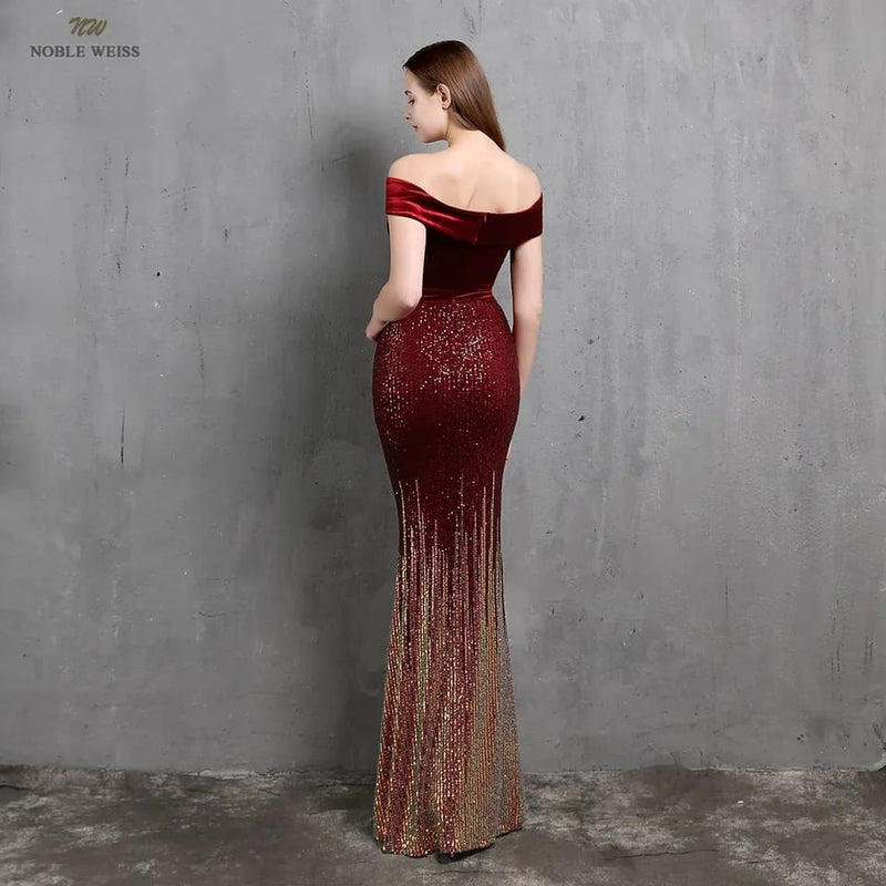 Evening Dresses Boat Neck Dresses Woman Party Night Floor-Length Sequined Mermaid Prom Dress XL B-44774