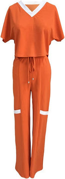 Women's Two Piece Causal Loose Suits Short Sleeve Crop Top & Drawstring Palazoo Pants Set     S4978872 - TUZZUT Qatar Online Shopping