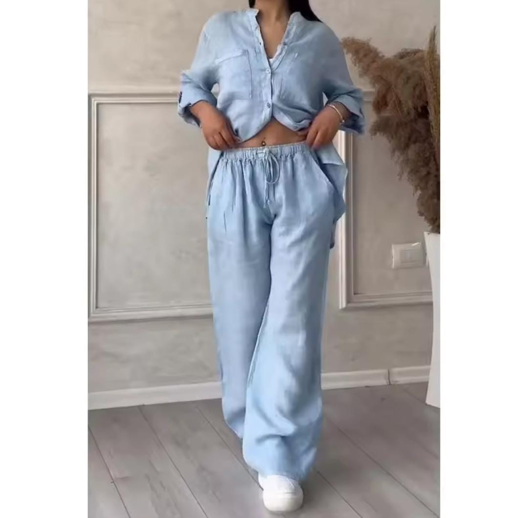 Women Casual 2-piece Set Long Sleeve Single-breasted Shirt And Pants 010388057 Women Casual 2-piece Set Long Sleeve Single-breasted Shirt And Pants 010388057