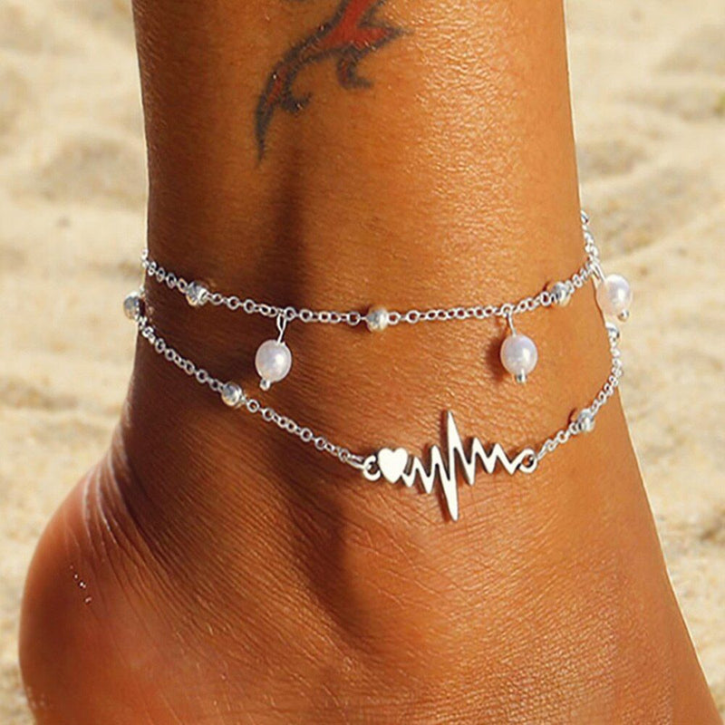 Pearl Heart Beads Anklet Leg Chain Bohemian Wave Foot Jewelry S 1824204 - Tuzzut.com Qatar Online Shopping