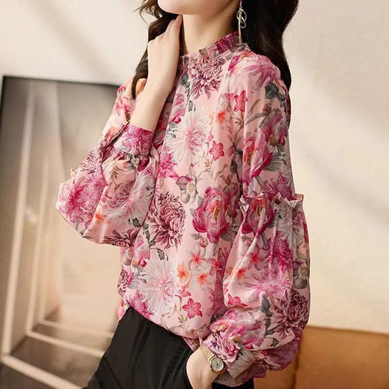 Spring Summer Elegant Fashion Ruffled Floral Print Lantern Long Sleeve Chiffon Shirt Top Ladies Temperament Wild Pullover Blouse S4842928 - Tuzzut.com Qatar Online Shopping
