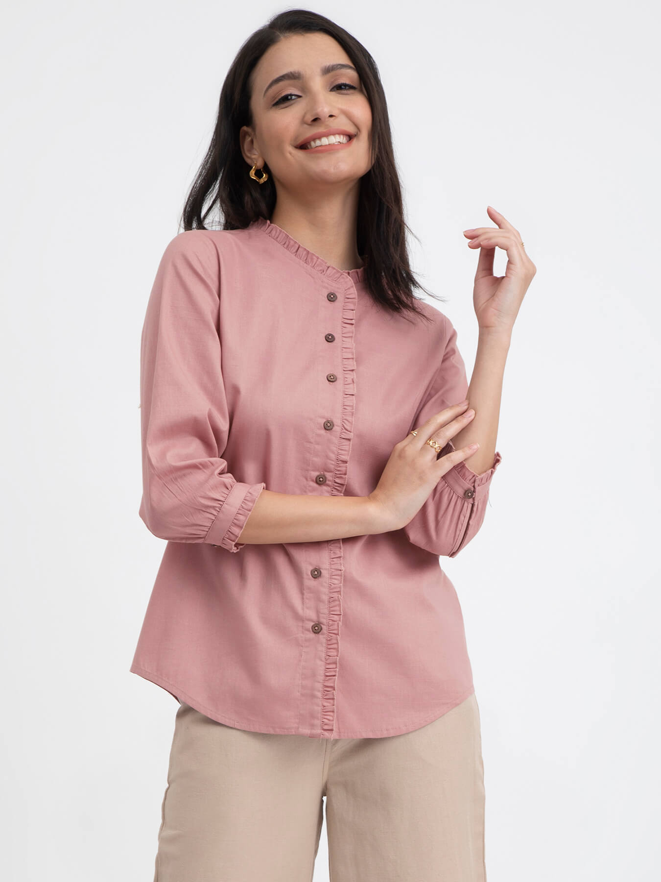 Solid Linen Blend Collared Top S3461237 Solid Linen Blend Collared Top S3461237