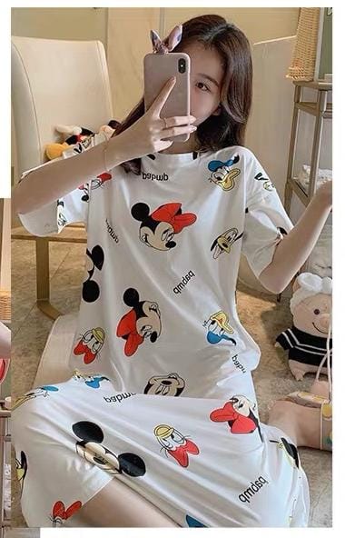 Cloth bag Mickey Minnie print pajamas female summer princess sweet summer cartoon pajamas short-sleeved dress X3133970