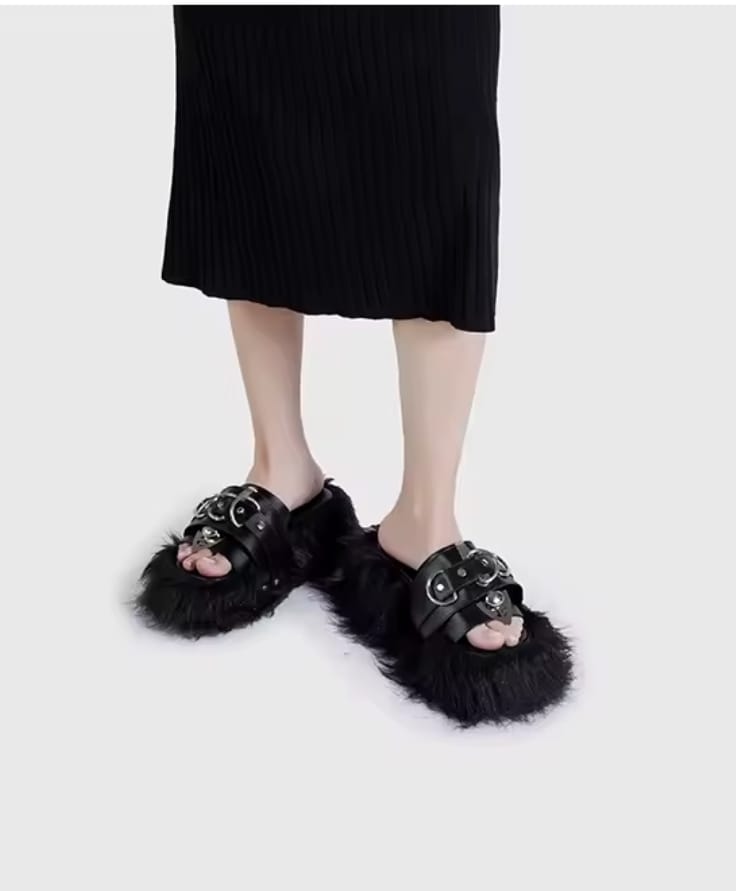 Punk Fur Metal Decor Round Toe Sandals 22823 - TUZZUT Qatar Online Shopping