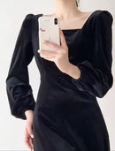 Hepburn Style Velvet Black Square Collar Long Sleeve Women's Dress French Lady Folded Waist Long Dress Autumn Season    S4976543 - TUZZUT Qatar Online Shopping