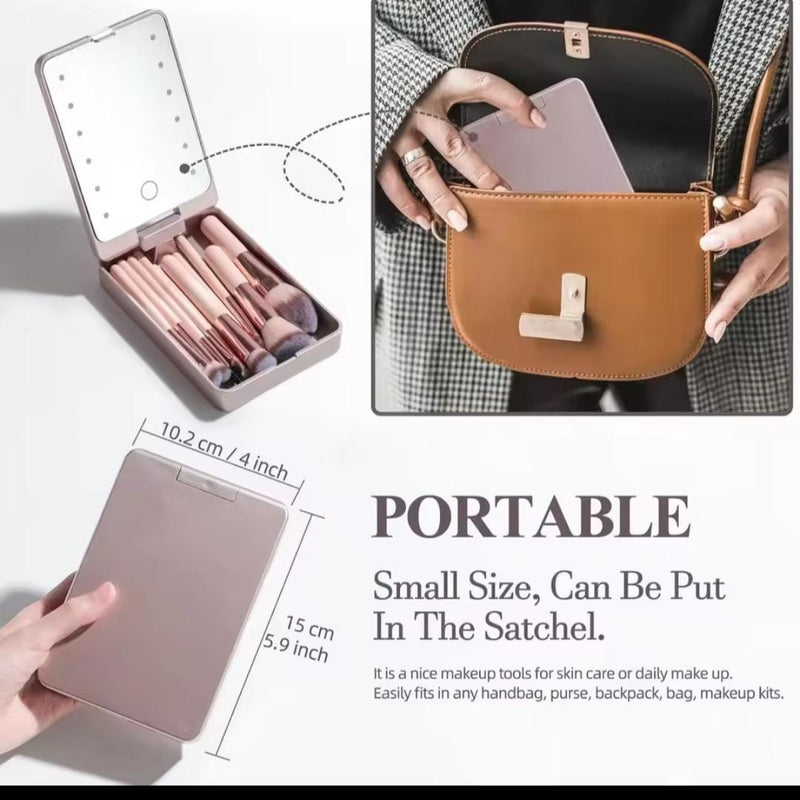 Rechargeable LED Light Mirror with 14 pieces Travel Makeup Brush Set - TUZZUT Qatar Online Shopping