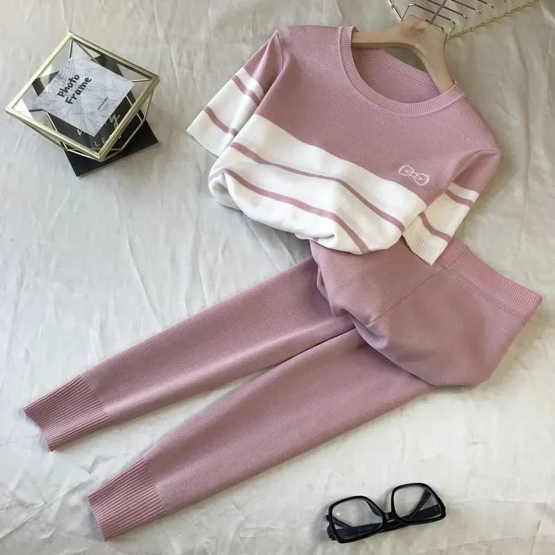 Women Summer Contrast Knitted 2 Piece Set Fashion Casual Pullover Top And Harem Pants Sweater Tracksuit Pink Blue Butterfly Suit S4372895
