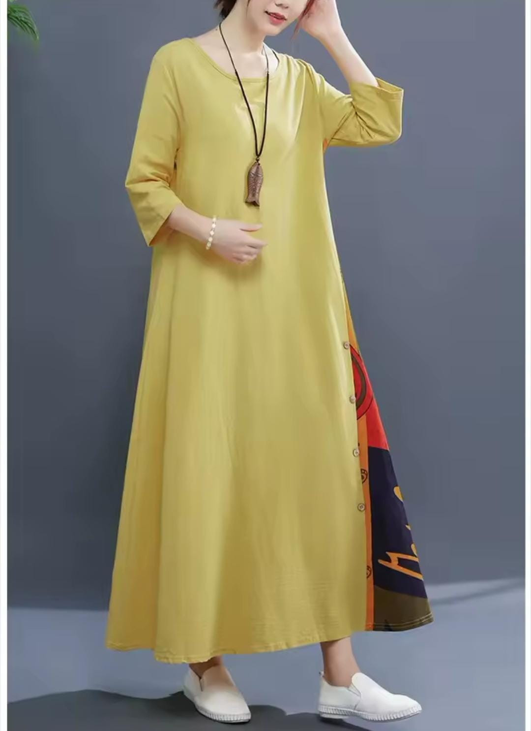Women Loose Fit Floral Button Long Dress X494374 Women Loose Fit Floral Button Long Dress X494374