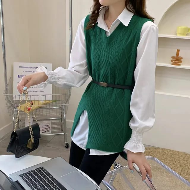 Summer new solid Turn-down Collar blouse and knit VEST Set Women Two Pieces Sets Clothing B-42888 - Tuzzut.com Qatar Online Shopping