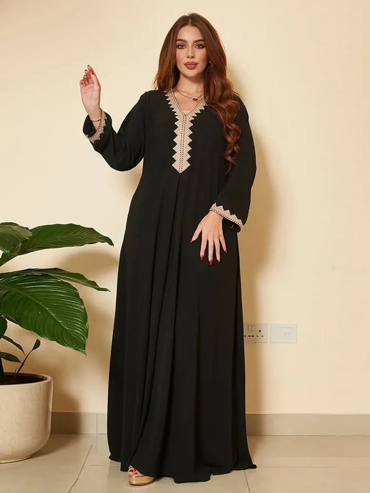 Cotton Crepe Women Moroccan Caftan Appliques Saudi Black Abaya Muslim Modest Dress Arabic Jalabiya Galabia Party Ramadan Evening S4326847