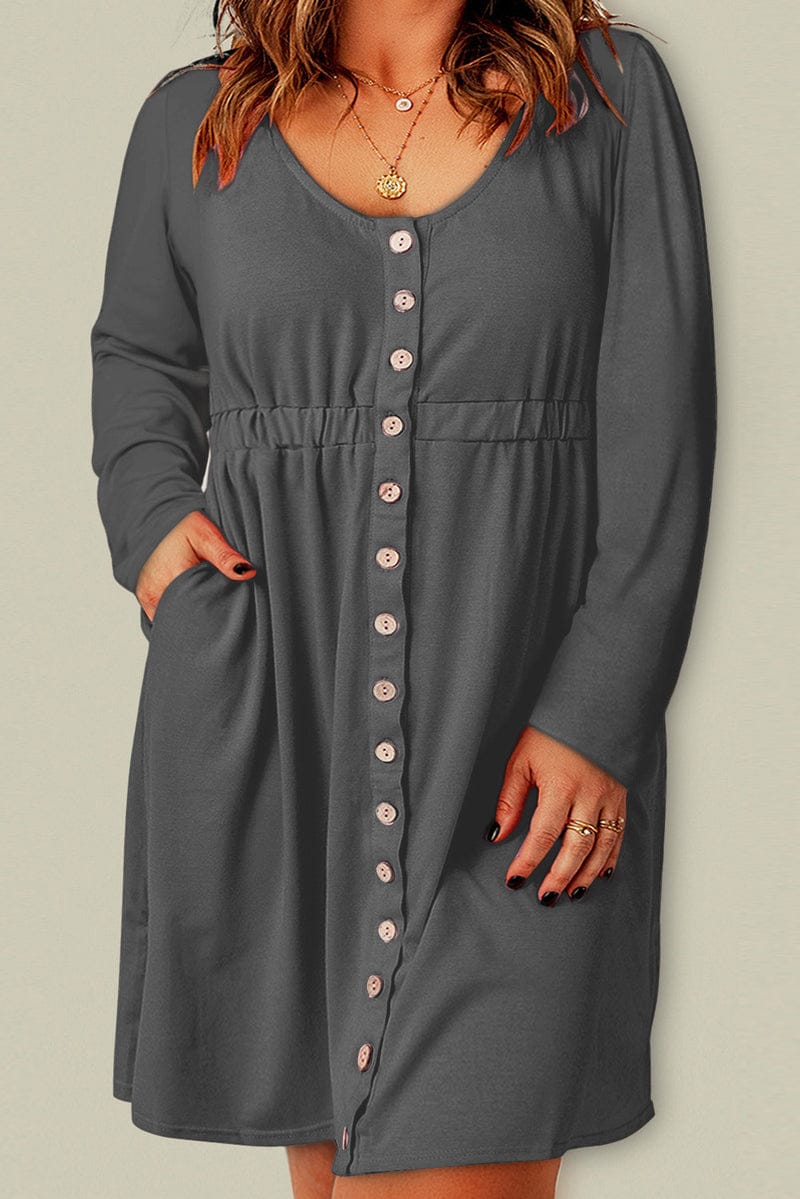 Plus Size Button Front Elastic Waist Long Sleeve Dress S210343 Plus Size Button Front Elastic Waist Long Sleeve Dress S210343