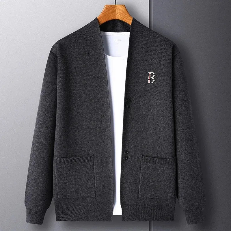 Men's Long Sleeve Knit Grey Cardigan Letter Embroidery OY222 - TUZZUT Qatar Online Shopping