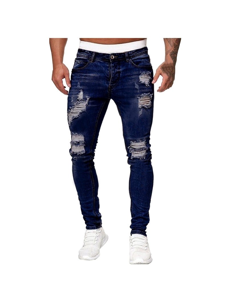 Men's Casual Jeans Solid Color Ripped Holes Frayed Gradient Washed Trousers S3350331