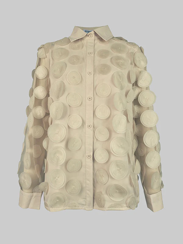 Long Sleeves Loose Buttoned Mesh Polka-Dot Split-Joint Lapel Blouses&Shirts Tops 140093 - TUZZUT Qatar Online Shopping