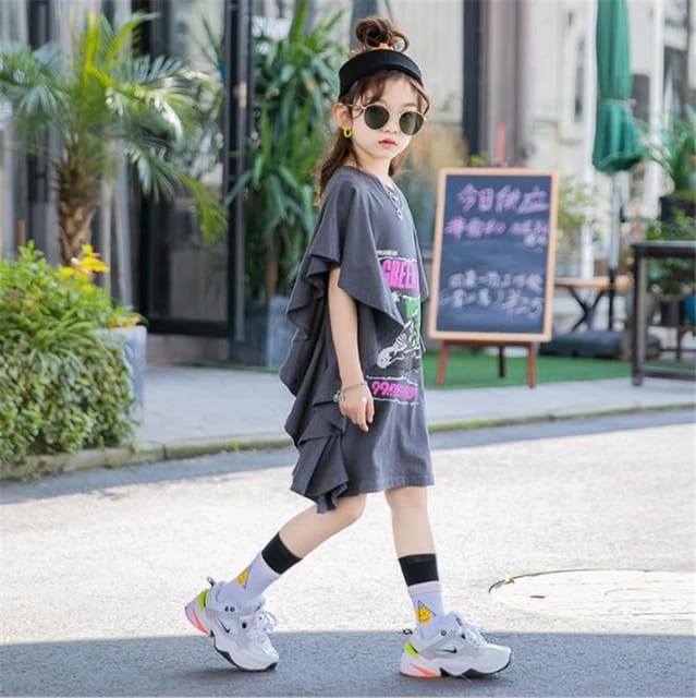 Summer Fashion Children Girl Gray Printed dresses Big Girl Cotton Short Sleeve Side Ruffle Dress S4478156 - Tuzzut.com Qatar Online Shopping