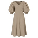 Stylish V neck Dress Women's Summer Sundress ZANZEA Casual Puff Sleeve Mid-calf Vestido Female Solid Holiday Robe S4098767 - Tuzzut.com Qatar Online Shopping
