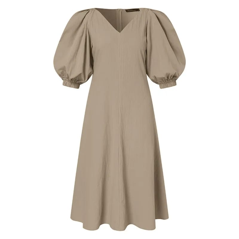 Stylish V neck Dress Women's Summer Sundress ZANZEA Casual Puff Sleeve Mid-calf Vestido Female Solid Holiday Robe S4098767 Stylish V neck Dress Women's Summer Sundress ZANZEA Casual Puff Sleeve Mid-calf Vestido Female Solid Holiday Robe S4098767