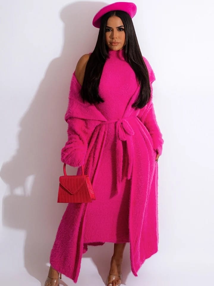 Belt Coral Fleece Women Long Cardigan Dress 2 Piece Set Autumn Full Sleeve Lapel Coat M B-32015 Belt Coral Fleece Women Long Cardigan Dress 2 Piece Set Autumn Full Sleeve Lapel Coat M B-32015