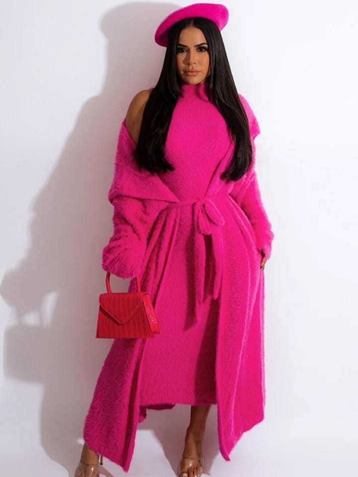 Belt Coral Fleece Women Long Cardigan Dress 2 Piece Set Autumn Full Sleeve Lapel Coat M B-32015 - Tuzzut.com Qatar Online Shopping