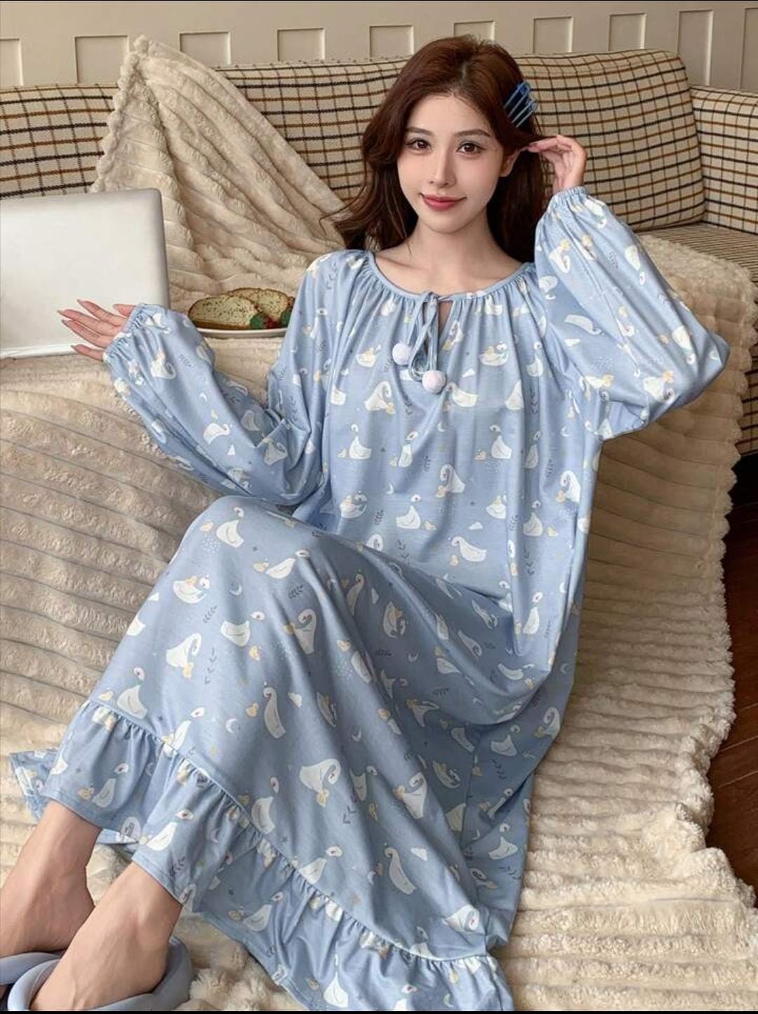 Cute Cartoon Loose Drawstring Neck Ruffle Trim Nightgown 608502 Cute Cartoon Loose Drawstring Neck Ruffle Trim Nightgown 608502