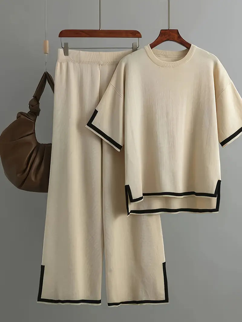 Short Sleeve Knit Pullover Top High Waist Wide Leg Pant 54804 - TUZZUT Qatar Online Shopping