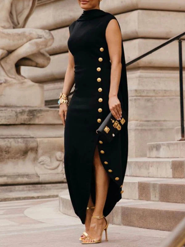 Loose Sleeveless Solid Color Split-side Shawl Collar Maxi Dresses 148613 Loose Sleeveless Solid Color Split-side Shawl Collar Maxi Dresses 148613