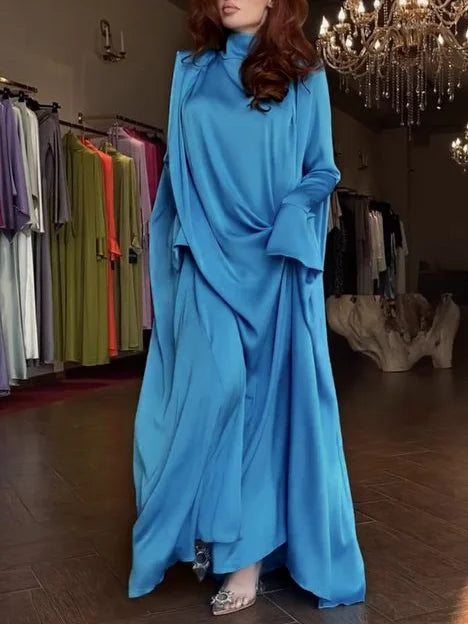 Flared Sleeves Long Sleeves Solid Color High-Neck Maxi Dresses  125662