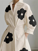 Long Sleeves Loose Contrast Color Floral Printed Pleated Tied Waist Lapel Shirt Dress 127769
