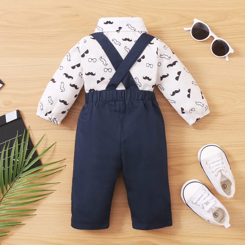 PatPat 2pcs Baby Boy Cotton Long-sleeve Gentleman Bowtie All Over Mustache Print Romper and Solid Overalls Set 9-12M 20005106