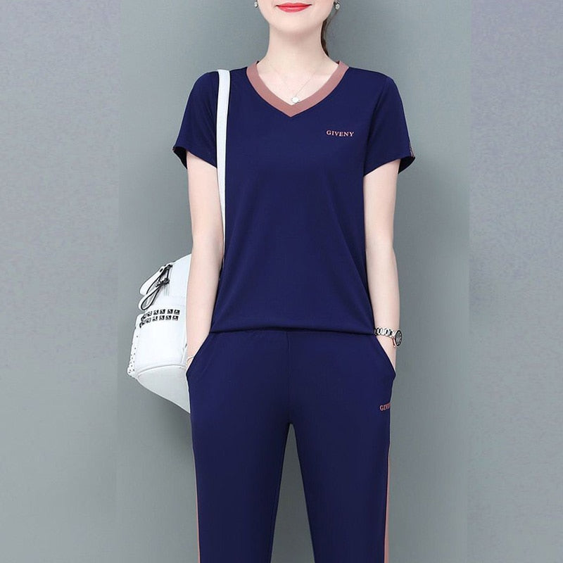 2 Pcs Women's Short Sleeve Letter/Number Pants Set S 390882 2 Pcs Women's Short Sleeve Letter/Number Pants Set S 390882