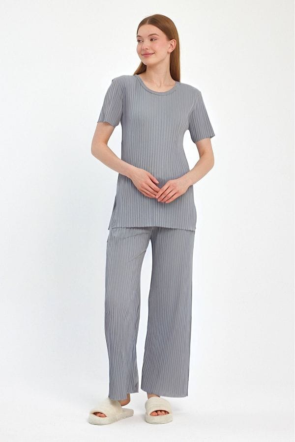 Women's Seasonal Short Sleeve Thin Fabric Gray Corded Suit S374188 Women's Seasonal Short Sleeve Thin Fabric Gray Corded Suit S374188