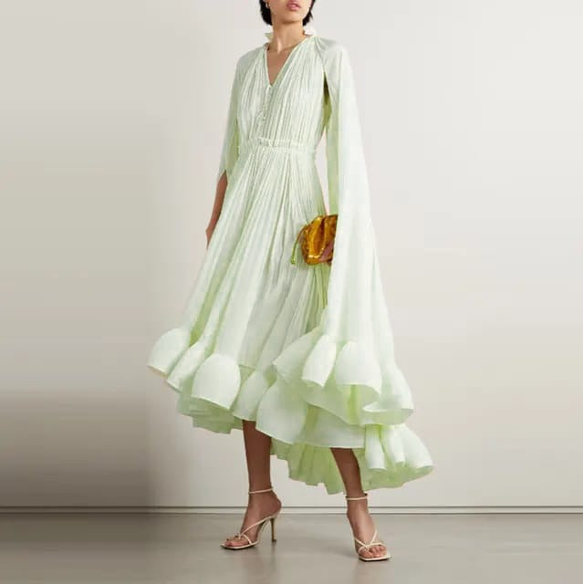 Ruffles Irregular Summer Dresses For Women V Neck Full Sleeves High Waist Spliced Lace Up Loose Folds Long Dress 5MU3UC Ruffles Irregular Summer Dresses For Women V Neck Full Sleeves High Waist Spliced Lace Up Loose Folds Long Dress 5MU3UC