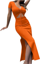 Womens Long Dresses Short Sleeve Split Dress High Waist Maxi Pencil Dress   S451162 - TUZZUT Qatar Online Shopping