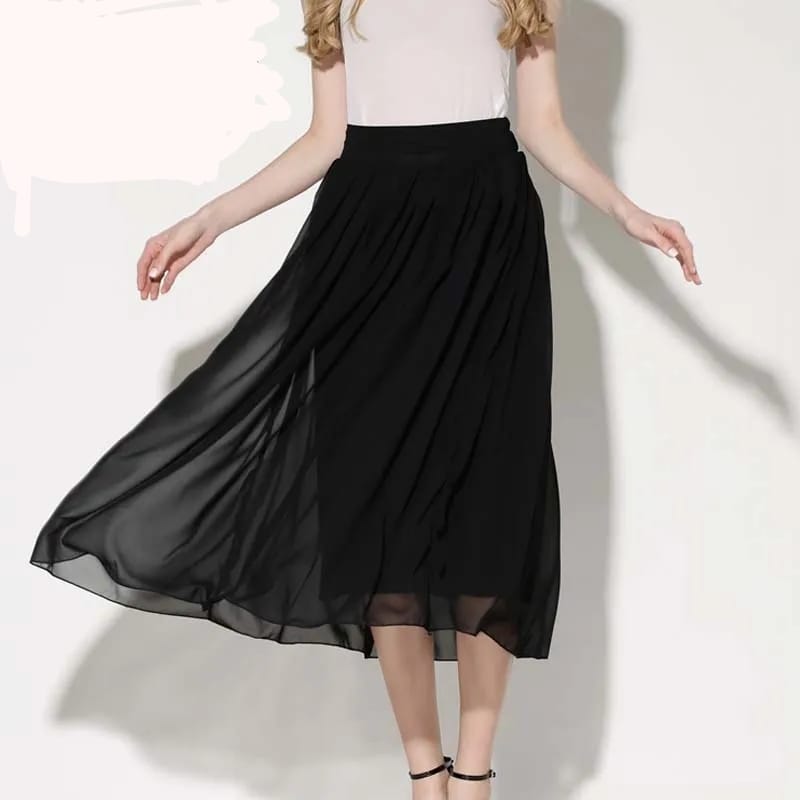 Woman Long Pleated Chiffon Skirt Solid Black High Waist Elastic Chiffon Skirt Office Elegant Maxi Elegant Pleated Skirt S4285767 - Tuzzut.com Qatar Online Shopping