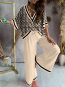 Urban Loose Printed V-Neck T-Shirts Tops& Drawstring Wide Leg Pants Suits M 110265 - TUZZUT Qatar Online Shopping