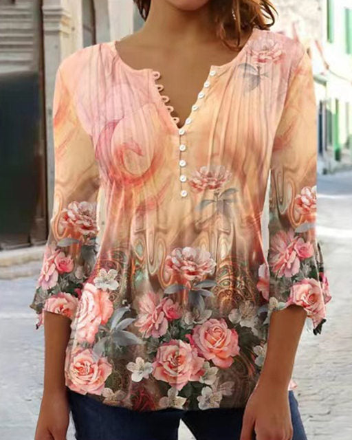 Women's Summer Floral Ruffle V-Neck 3/4 Sleeve Button T-Shirt Tunic Loose Casual Tops S5006960