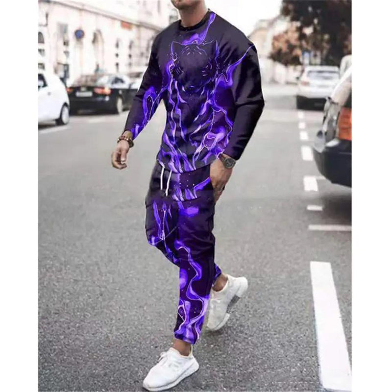 Men's 2 Piece Activewear 3D Lion Print Long Sleeve T Shirt Set 5XL S4198855