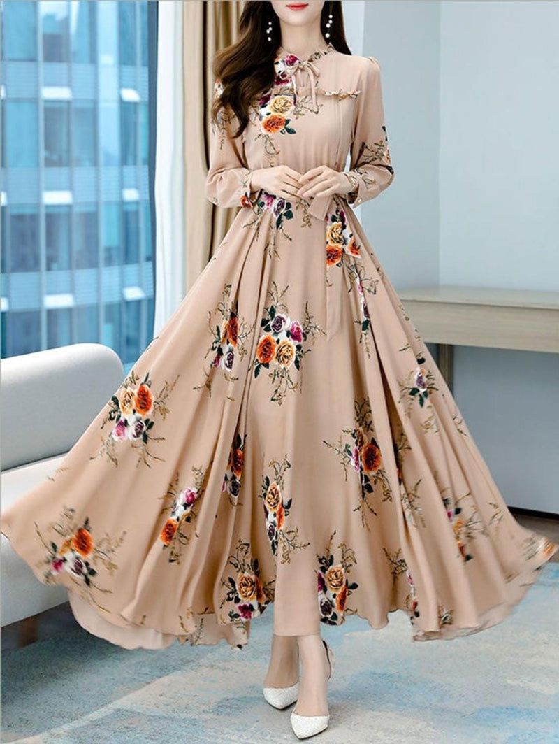 Women Summer High Waist Long Sleeve Floral Print Maxi Dresses Casual Par XL S2022734 - Tuzzut.com Qatar Online Shopping
