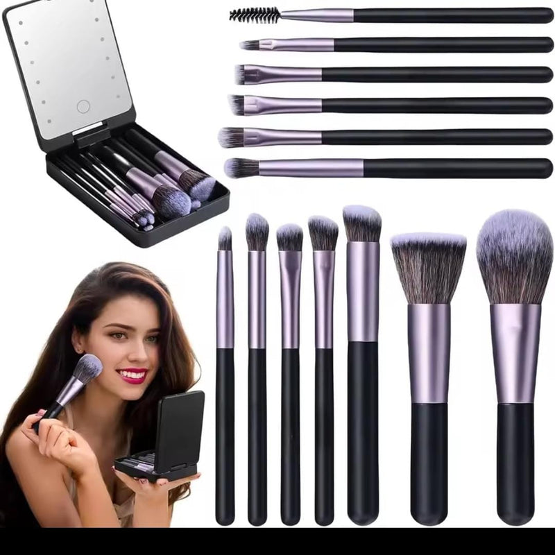Rechargeable LED Light Mirror with 14 pieces Travel Makeup Brush Set - TUZZUT Qatar Online Shopping