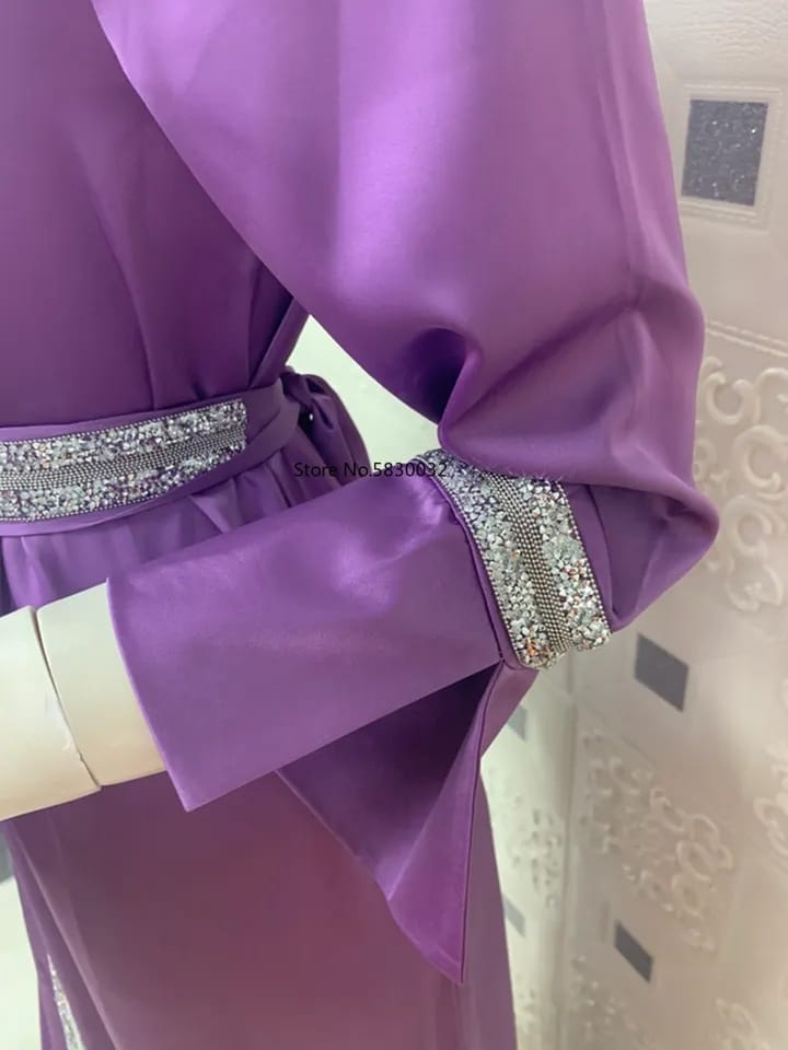 Satin Maxi Dress Jalabiya Women Middle East Diamond V Neck Long Sleeve Tie Waist Muslim Islamic Clothes Abaya Turkey Dubai M S4785586