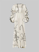 Loose Contrast Color Falbala Flower Print Hollow Zipper Maxi Dresses 150242 - TUZZUT Qatar Online Shopping