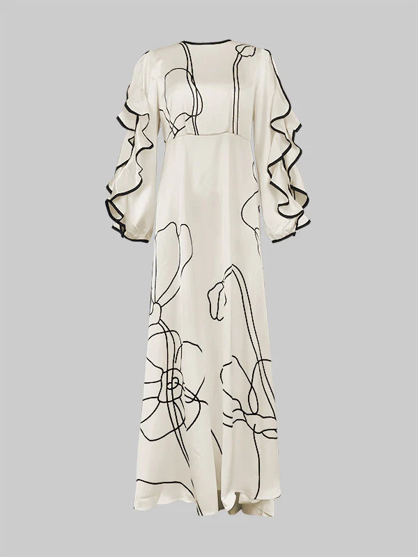 Loose Contrast Color Falbala Flower Print Hollow Zipper Maxi Dresses 150242 Loose Contrast Color Falbala Flower Print Hollow Zipper Maxi Dresses 150242