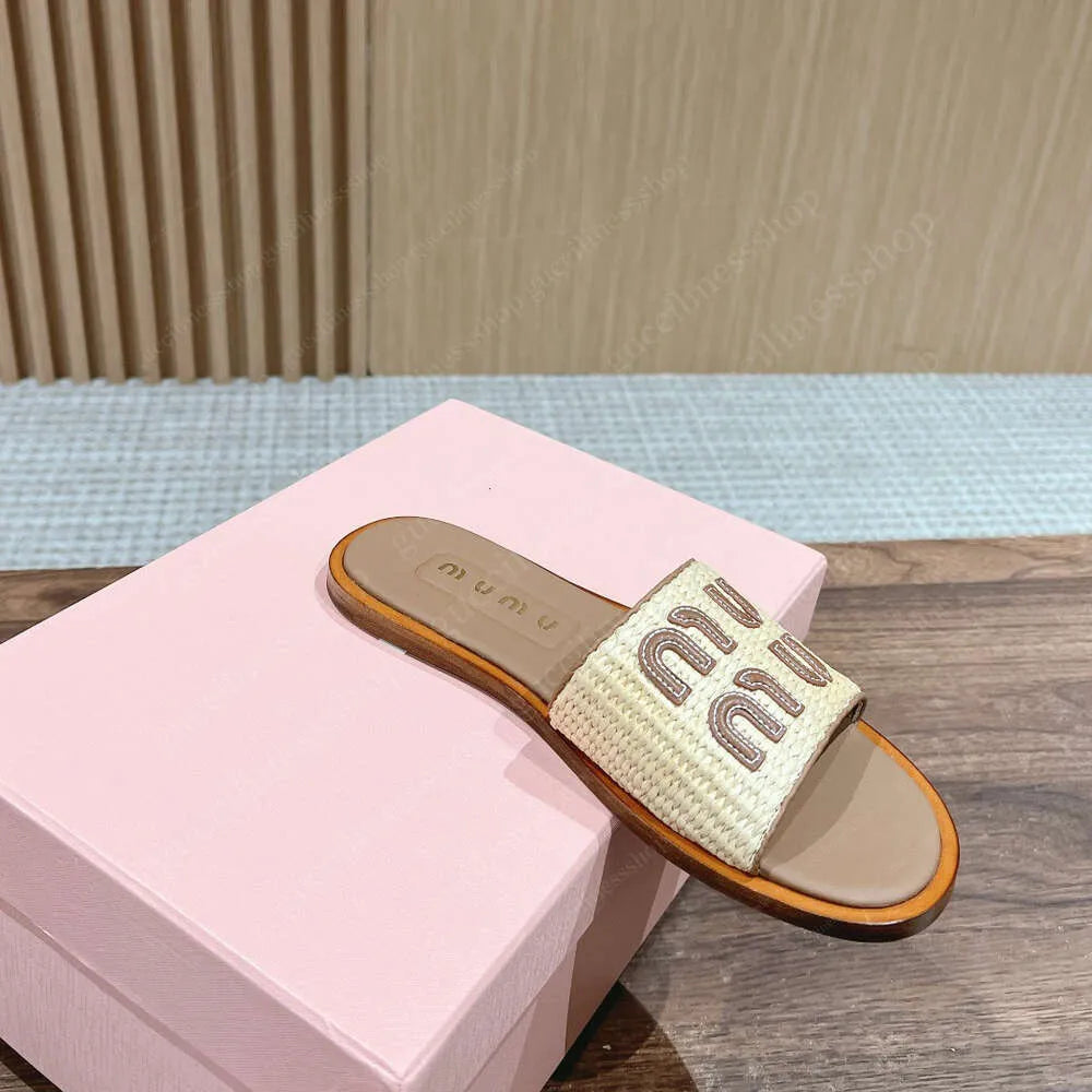 Raffia Effect Fabric Slippers Apricot SL37 Raffia Effect Fabric Slippers Apricot SL37