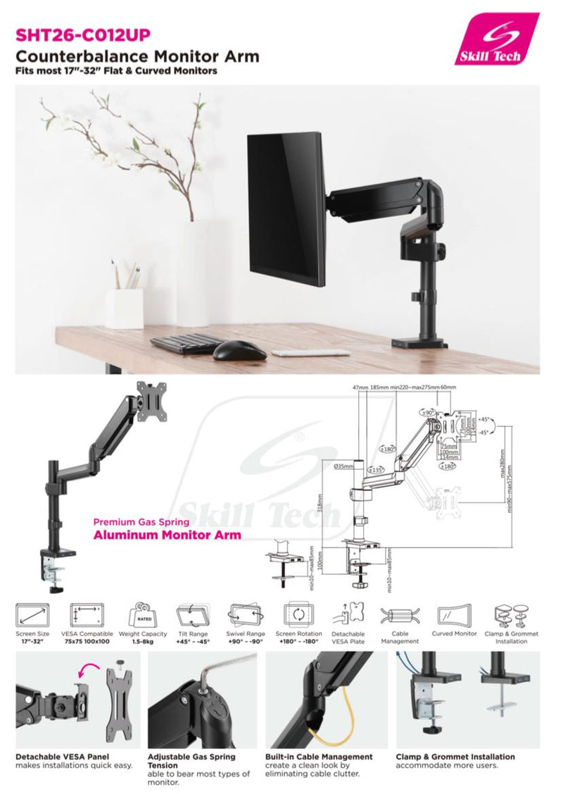 Single Monitor Gas Spring Mount with Usb Ports - SH T26C012UP (Fits Most 17" ~ 32") - Tuzzut.com Qatar Online Shopping