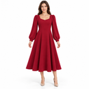 Women’s Burgundy Long-Sleeve A-Line Midi Dress-D7