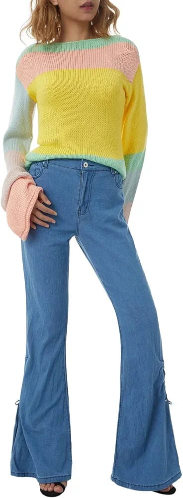 Women Jeans Mid Waist Side Pockets Slimming Casual Party Street Wide Leg Lace Up Bell Bottom Pants S4057094 Women Jeans Mid Waist Side Pockets Slimming Casual Party Street Wide Leg Lace Up Bell Bottom Pants S4057094