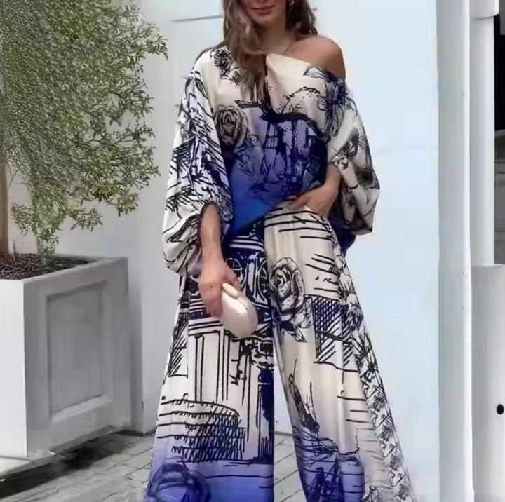Printed One Shoulder Top and Straight Trousers for Women Vintage Chic Outfit for Lady Monochrome Dolman Sleeves 2 Pieces B305278 Printed One Shoulder Top and Straight Trousers for Women Vintage Chic Outfit for Lady Monochrome Dolman Sleeves 2 Pieces B305278