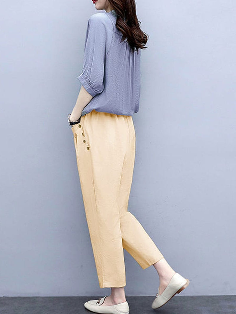 2 Pcs Women's Short Sleeve Solid Color Pants Set M 434357