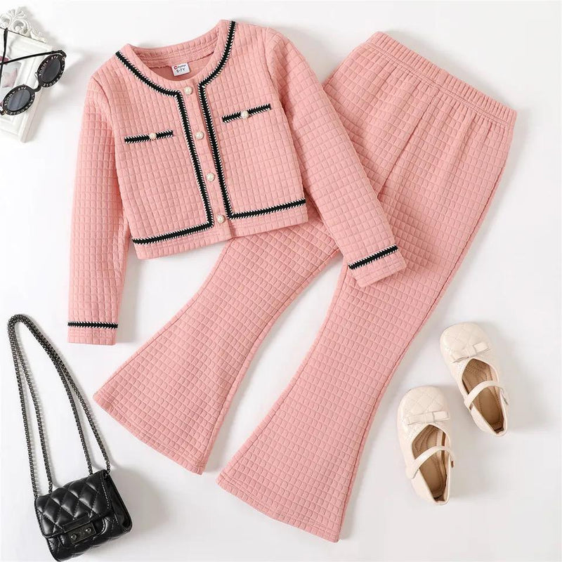 PatPat 2pcs Kid Girl Tweed Textured Button Design Long-sleeve Tee and Pink Flared Pants Set 20463833